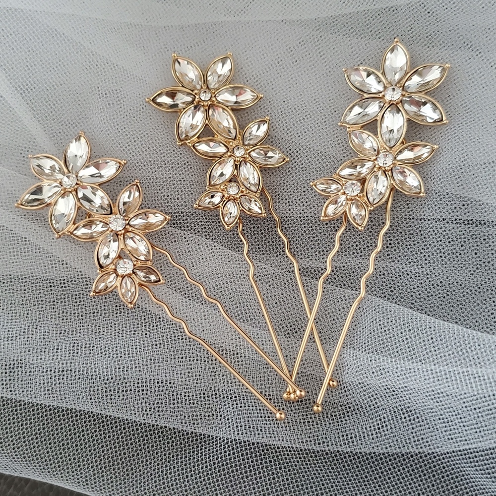 NEW 3x Floral Flower Crystal Gold Hair pin wedding